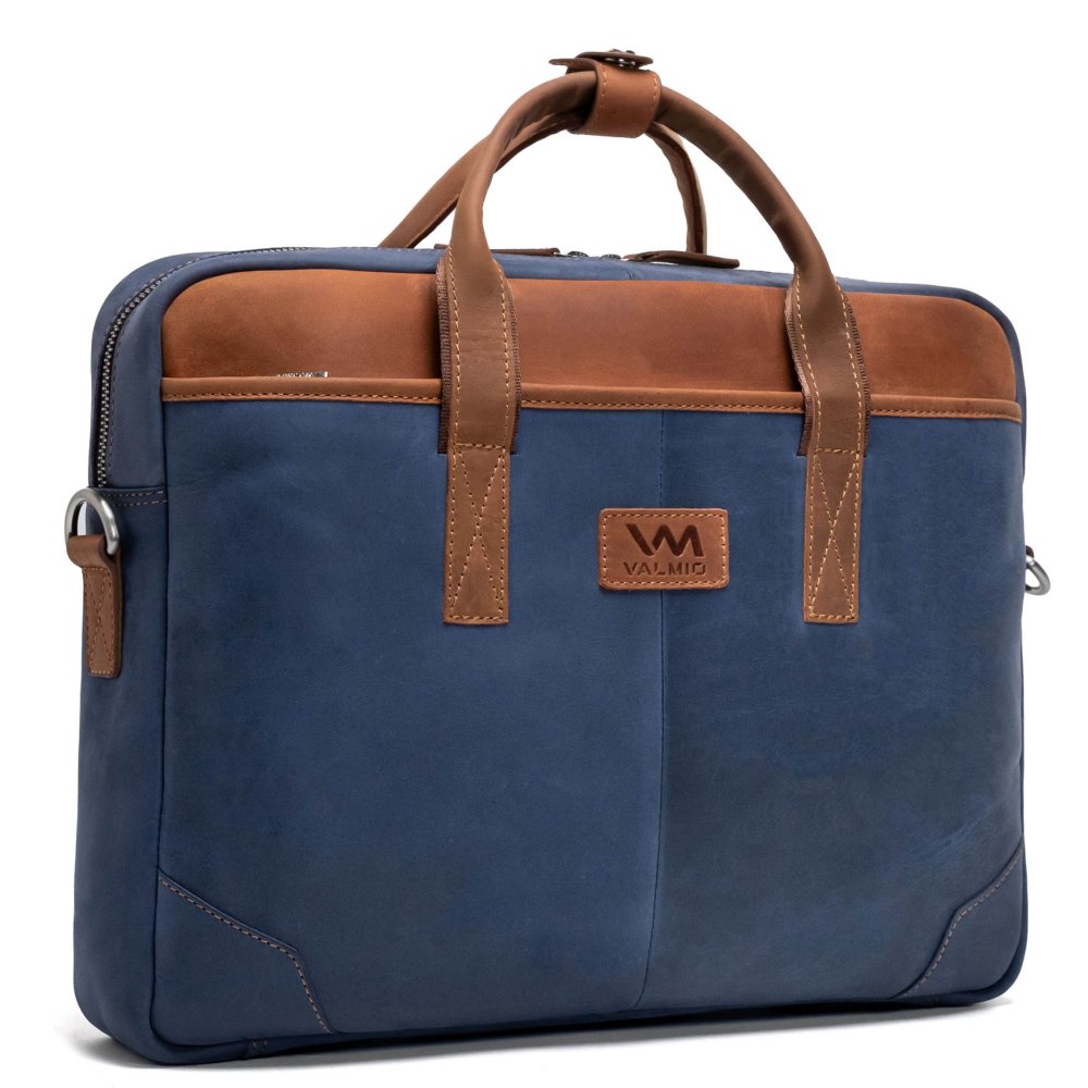 VALMIO Modrá kožená Taška na notebook Tom Stone Denton 2.0