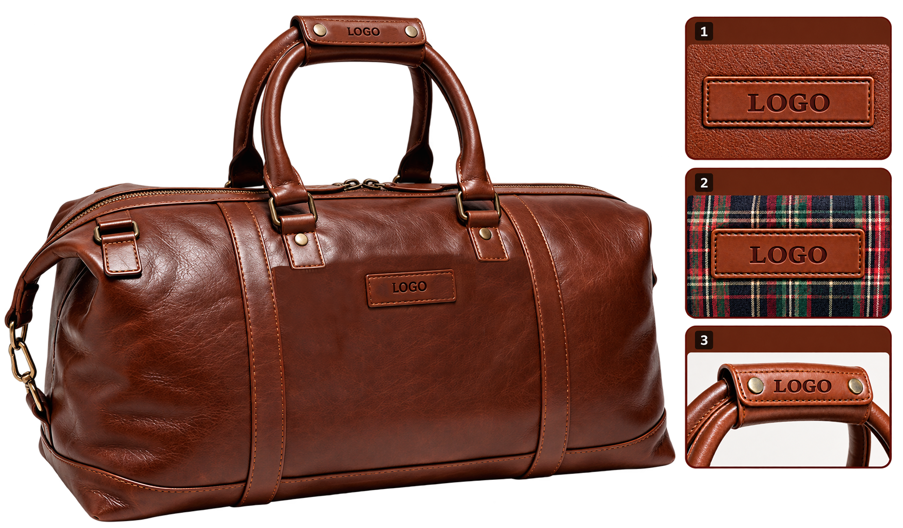 Emplacements possibles du logo sur un sac en cuir : face avant, poignée et intérieur du sac
