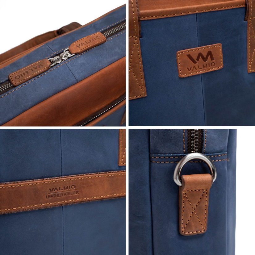 Modrá kožená taška na notebook Valmio Denton 2.0