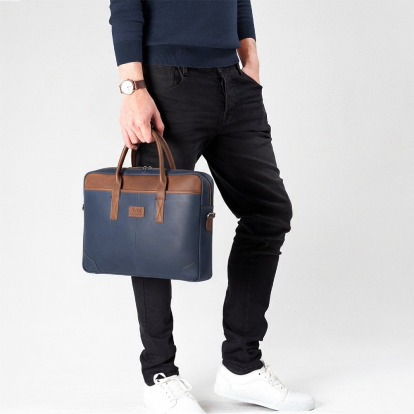 Modrá kožená taška na notebook Valmio Denton 2.0