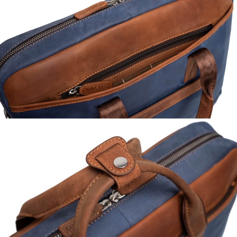 Modrá kožená taška na notebook Valmio Denton 2.0