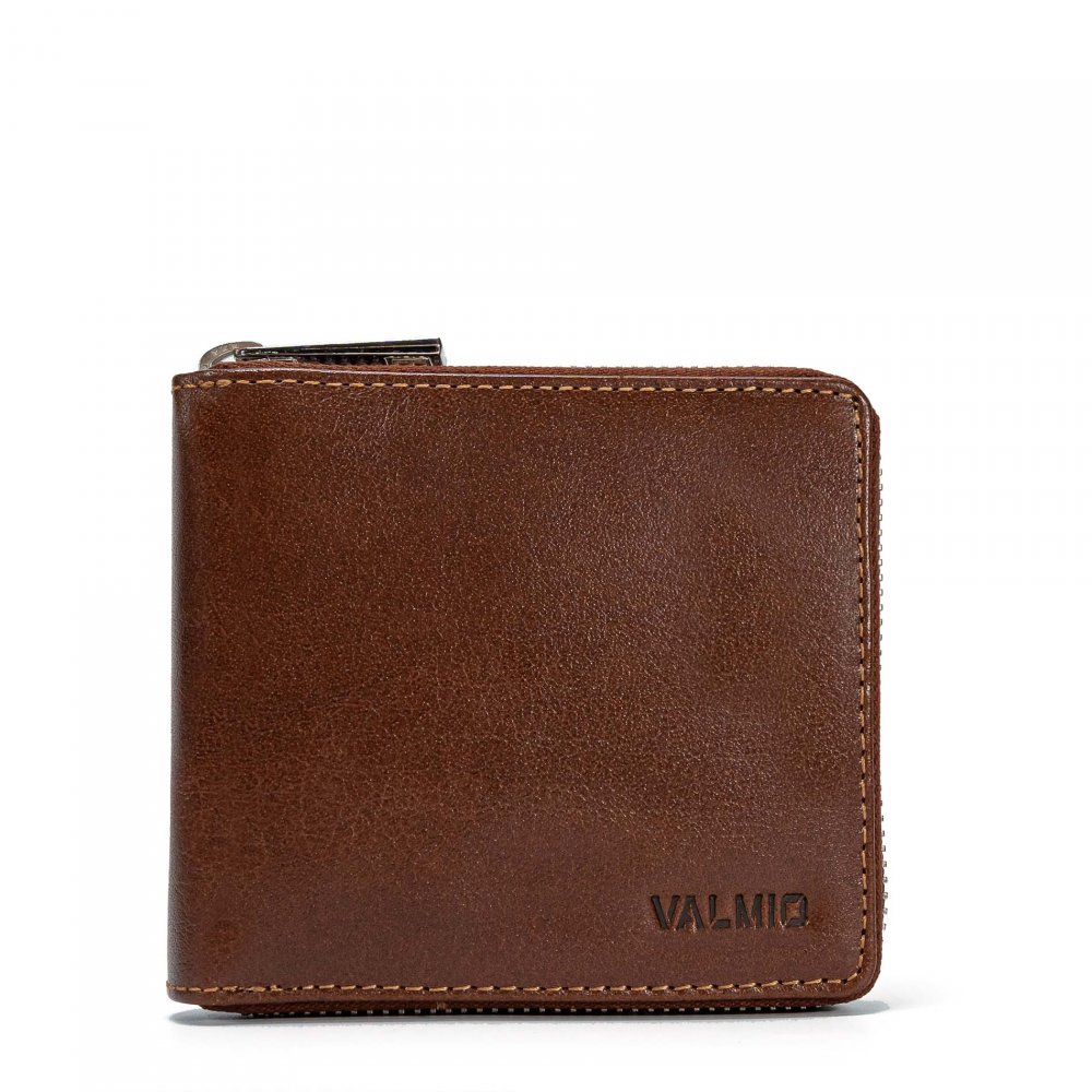 VALMIO hnědá RFID kožená peněženka na zip Hnědá