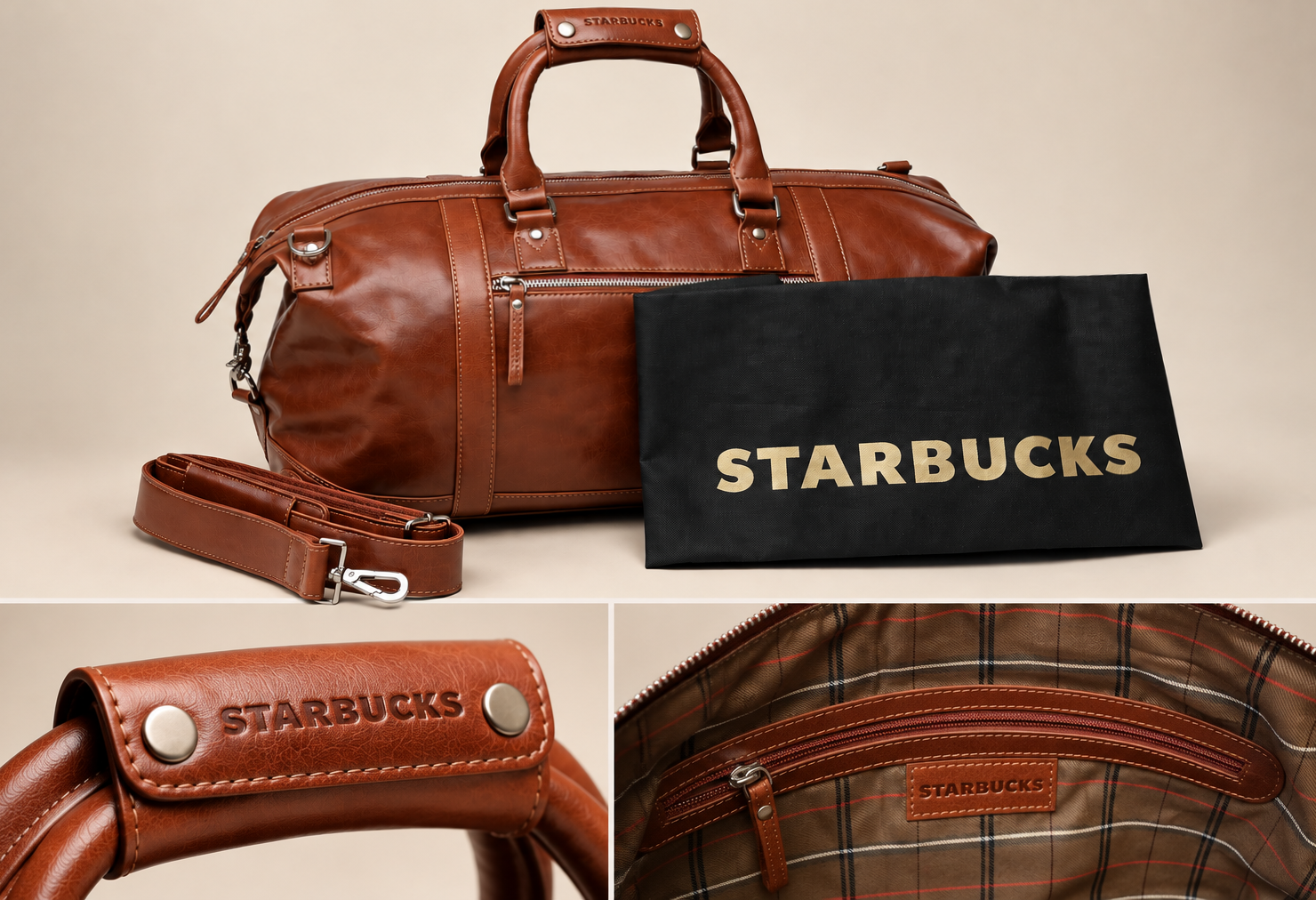 Réalisation pour Starbucks : sac de voyage en cuir avec logo sur la poignée et sur l'étiquette en cuir intérieure